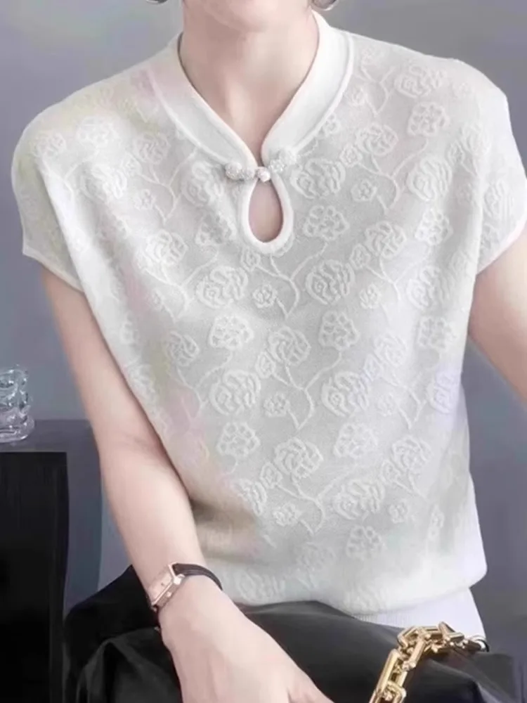 

Ele ort Sve Knitted Top with Hollow out Design And Chinese Sle Button for Women New Summer Faion Korean Sle