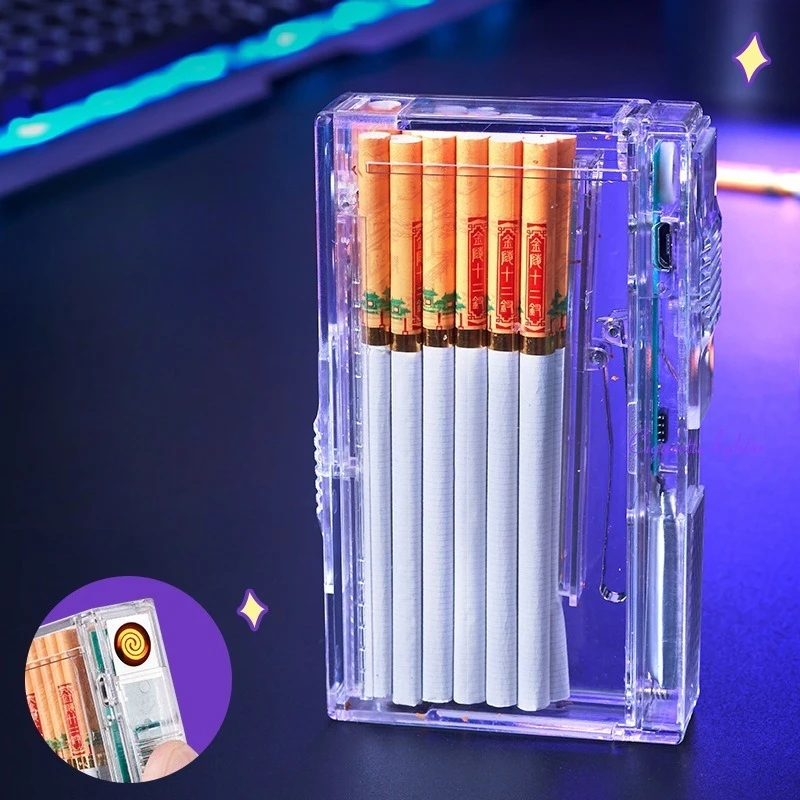 Transparent Rechargeable Slim Cigarette Case Lighter, One-piece Box of 20 Men's Portable Automatic Cigarette Case Mini Box