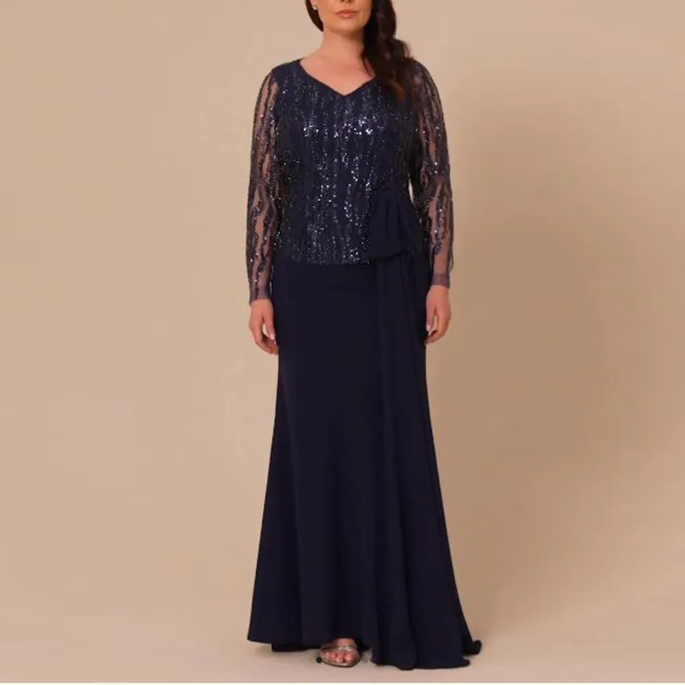 Customized Beaded Sequin Long Mother of the Bride Dress for Wedding V Neck Long Sleeve Mermaid robes invitee mariage