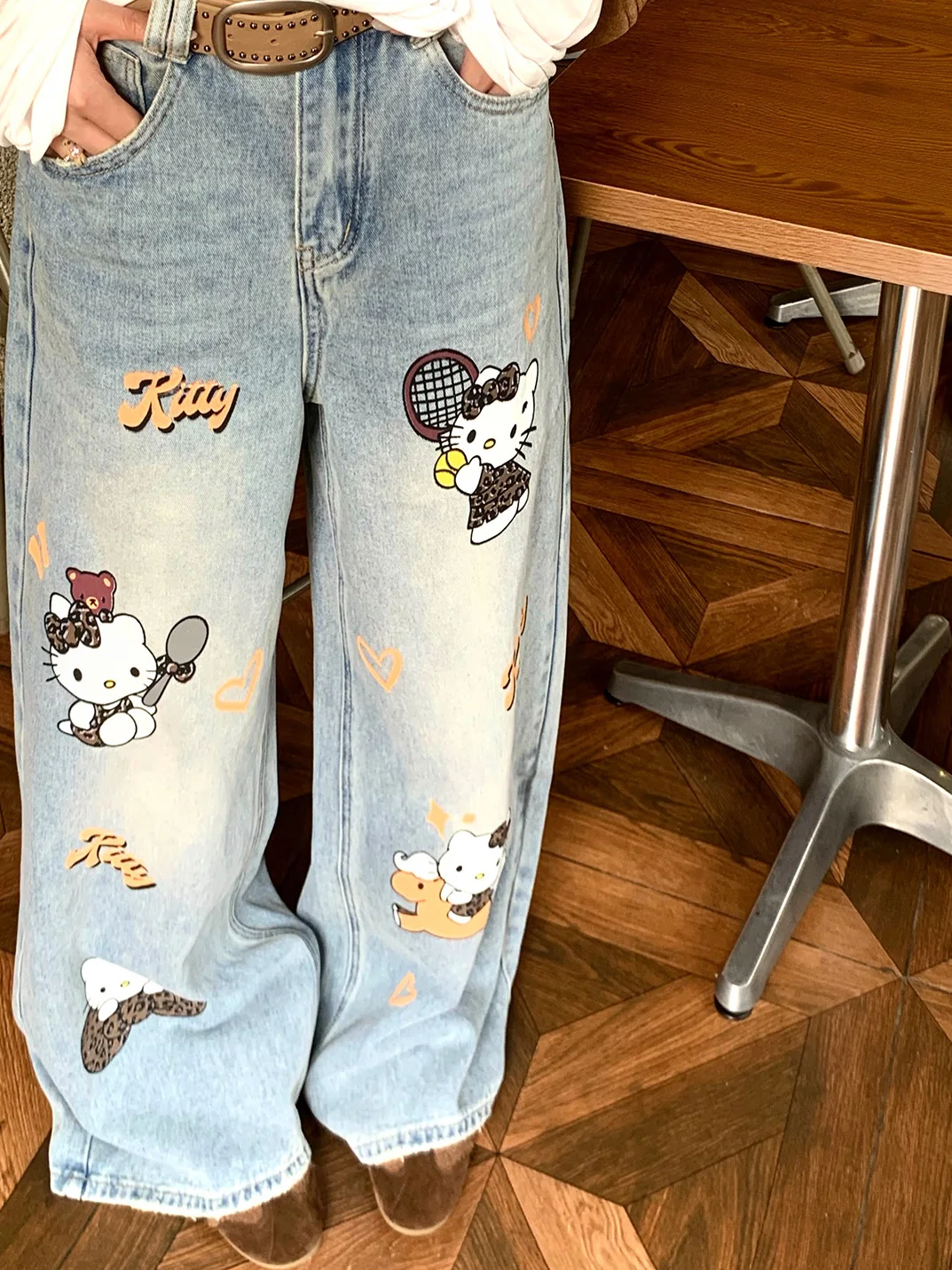 

Xueke Leopard Print Tennis Kitty Jeans Women Loose Straight Leg Slimming Versatile Long Pants Spring Summer New Arrival