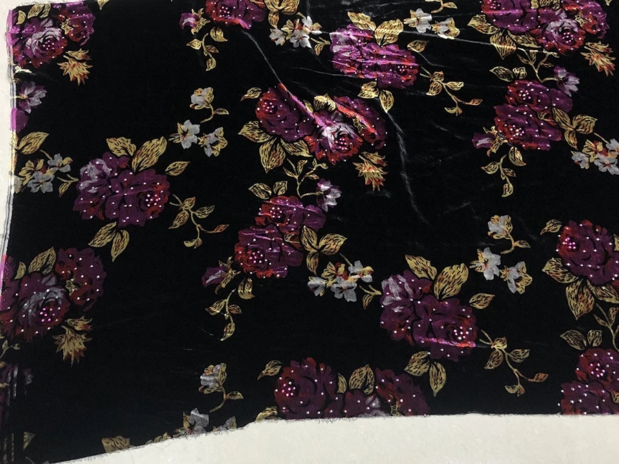 High Quality Real Silk Velvet Fashion Cloth Black Background Red Purple Rose Shiny Designer Warp-Knitted Fabric