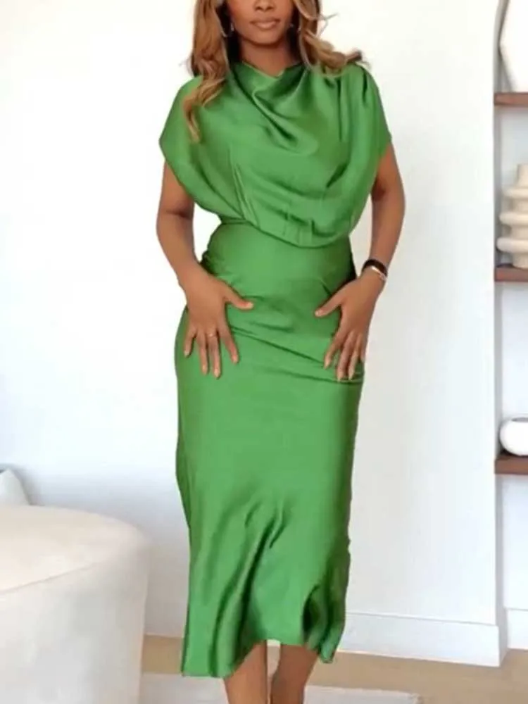 Robe pour femme élégante taille haute couleur unie été robe amincissante col écharpe manches courtes robe en Satin dames