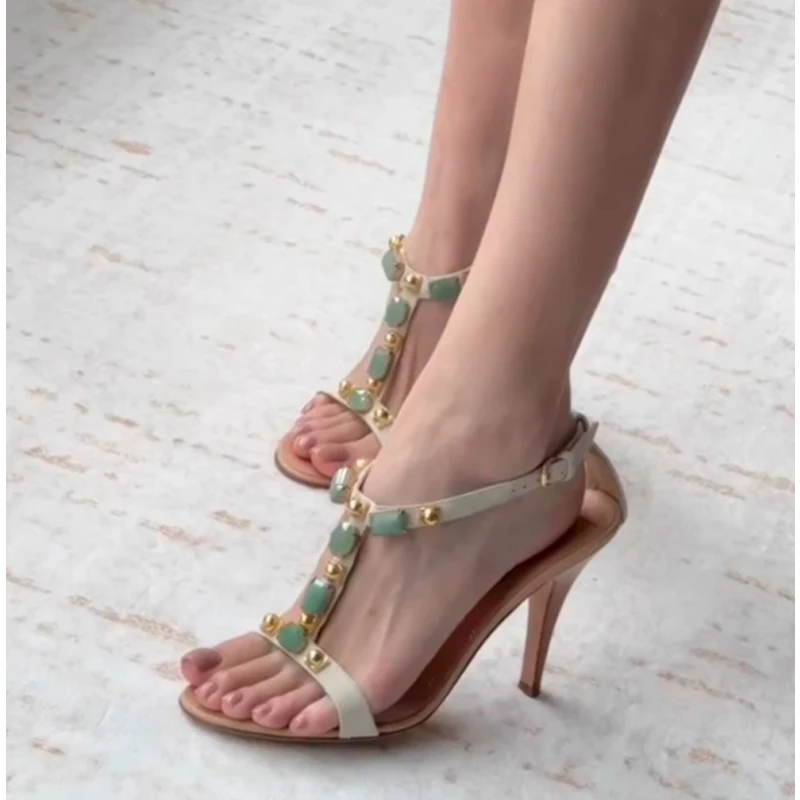 

Beaded Gemstone Open Toe Stiletto Sandals Woman Summer 2026 Crystal Clasp Ankle Strap High Heel Party Wedding Evening Shoes