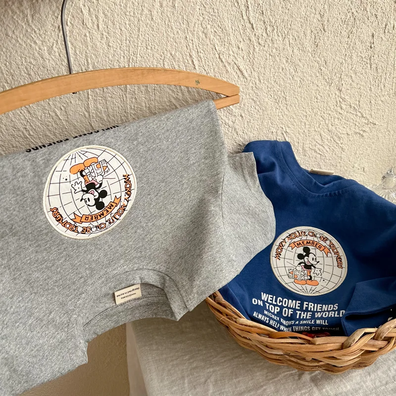 Camiseta de manga curta de algodão puro dos desenhos animados do mickey mouse para meninos e meninas no verão elegante topo para crianças de todos