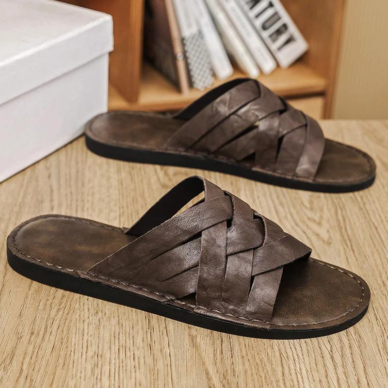 Large Size 2026Handmade Leather Men's Slip-On Flats Lightweight Summer Beach Walking Shoes Outdoor Flip-Flops for Male Half Drag