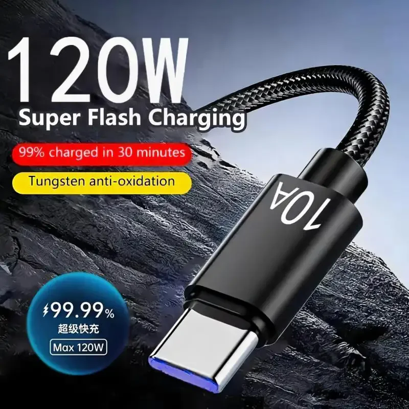120W Cable 10A USB A to Type C Super Fast Charge Cable Data Cord Knit Cable Quick Data Transfer Cable For Xiaomi Samsung iPhone