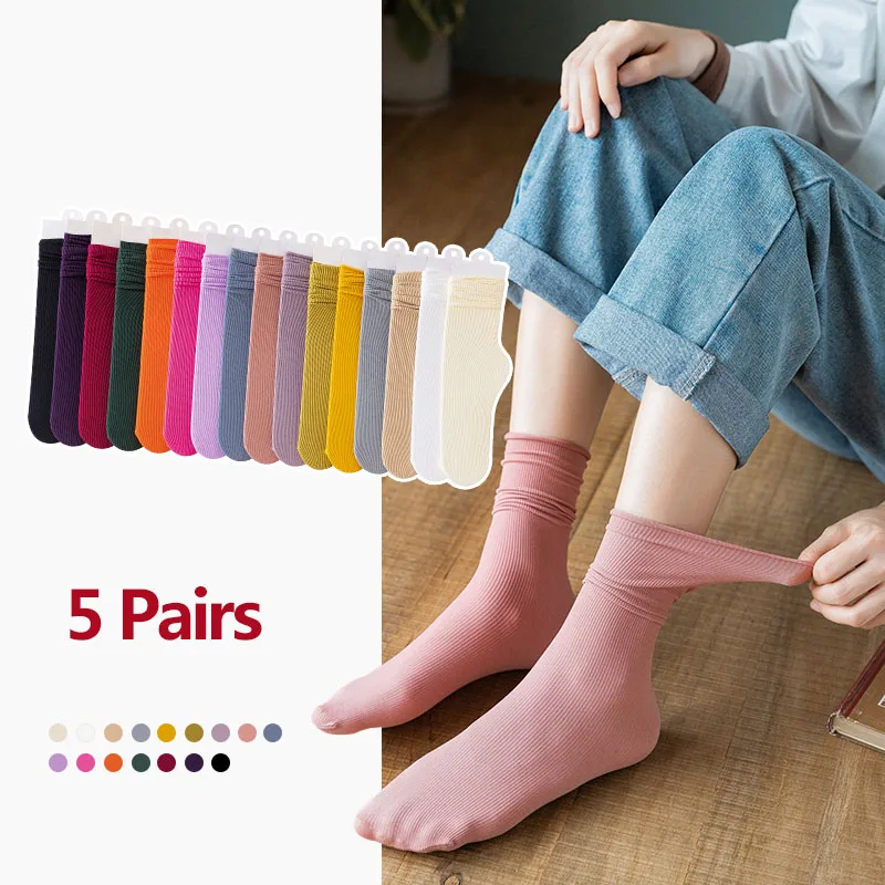 5 Pairs Women Girls Summer Spring Thin Loose Socks Set Stacked Bright Neon Rose Green 9 Colors Long Solid Colors Soft Socks Pack