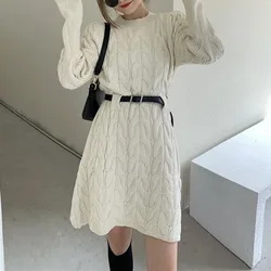 Women Autumn and Winter Korean New O-Neck Pullover Dress Fashion Screw Thread Sweater Dress Versatile Long Sleeve Straight Skirt