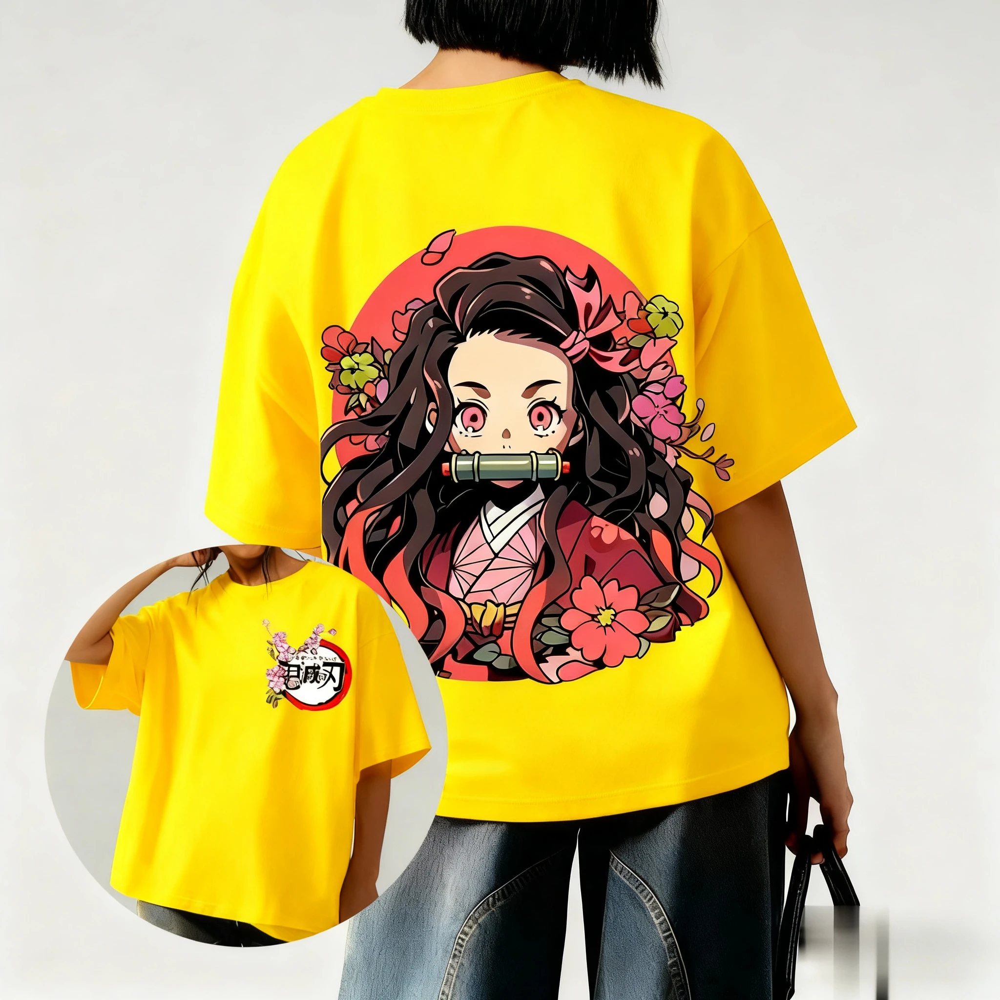 귀멸의 칼날 애니메이션 네즈코 프린트 티셔츠 2026 여성 여름 신상 하라주쿠 루즈핏 캐주얼 부모 자녀 반팔 상의