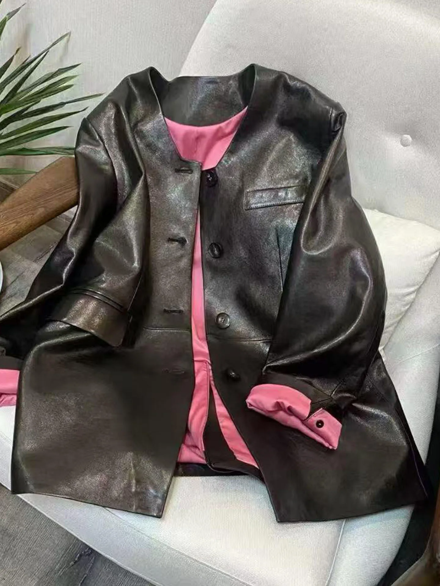Veste en cuir Ele Bla pour femme, coupe ajustée, à bouton unique, collection Printemps 2026, style mode pour le quotidien, édition élégante