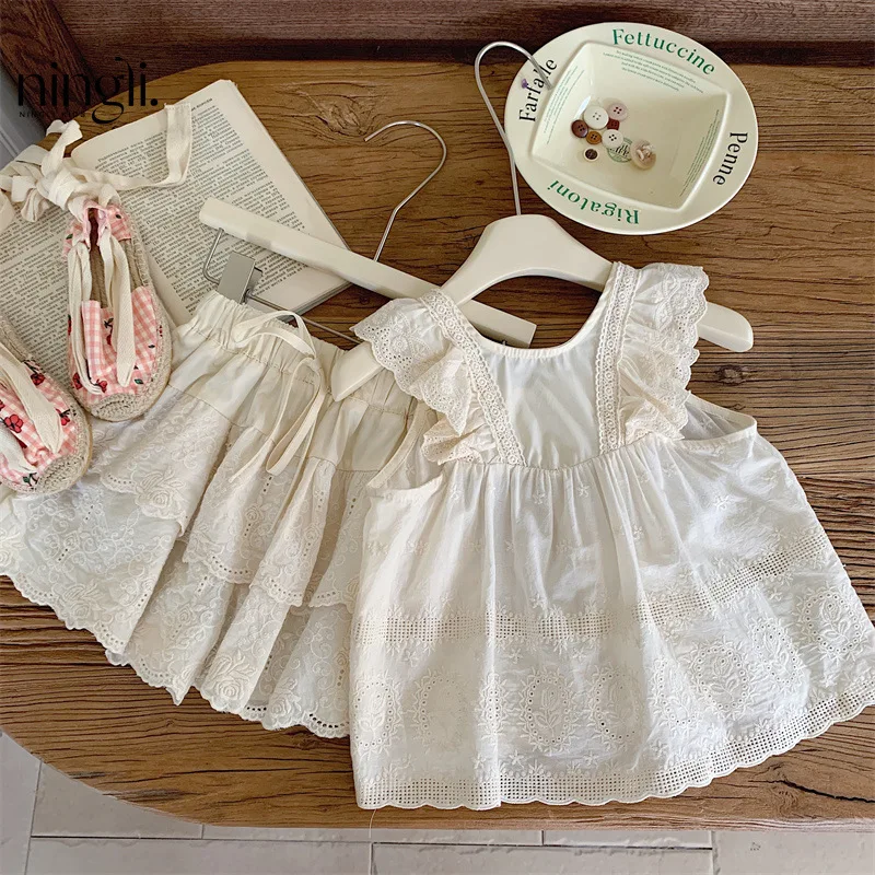 Children's suit2024Summer Girls Solid Color Lace Collar Hollow out Two-Piece Children's Casual Skirt Outfit