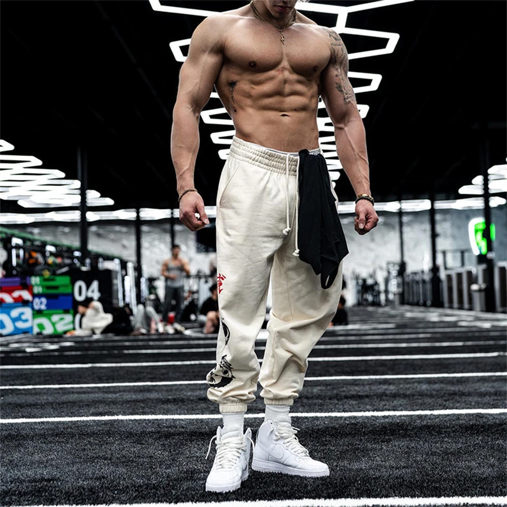 Black Beige Joggers Sweatpants Men Cotton Print Casual Pants Gym Fitness Drawstring Trousers Male Sportswear Running Trackpants