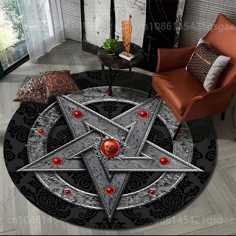 Multiple sizes Silver pentagram with red gems Print Round Carpet for Living Room Bedroom Sofa Floor Mat Area Rug Luxury Gift
