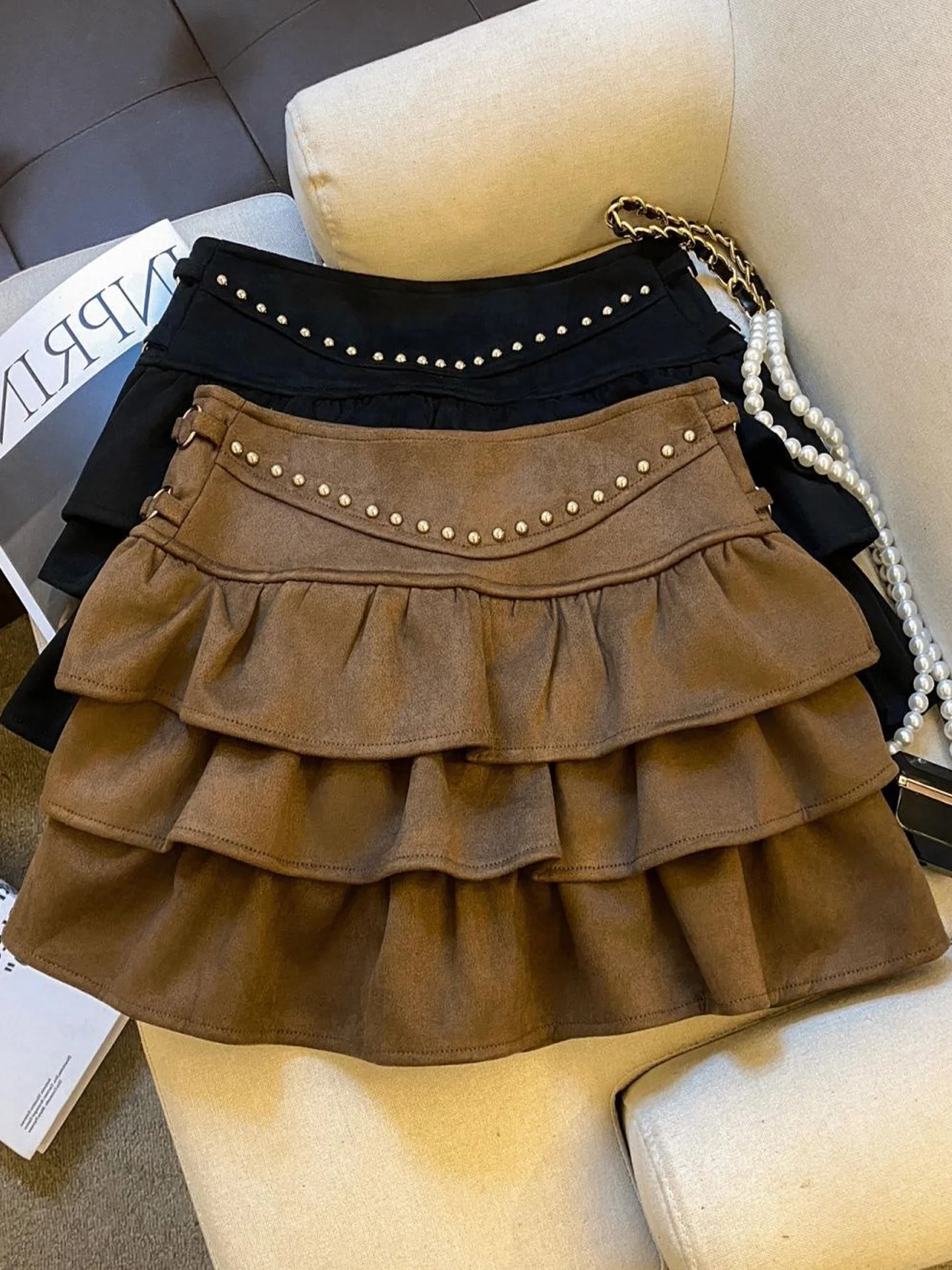 

Американская короткая юбка с высокой талией, новая модель, из кожи и бархата, с эффектом двухслойности, для молодежи