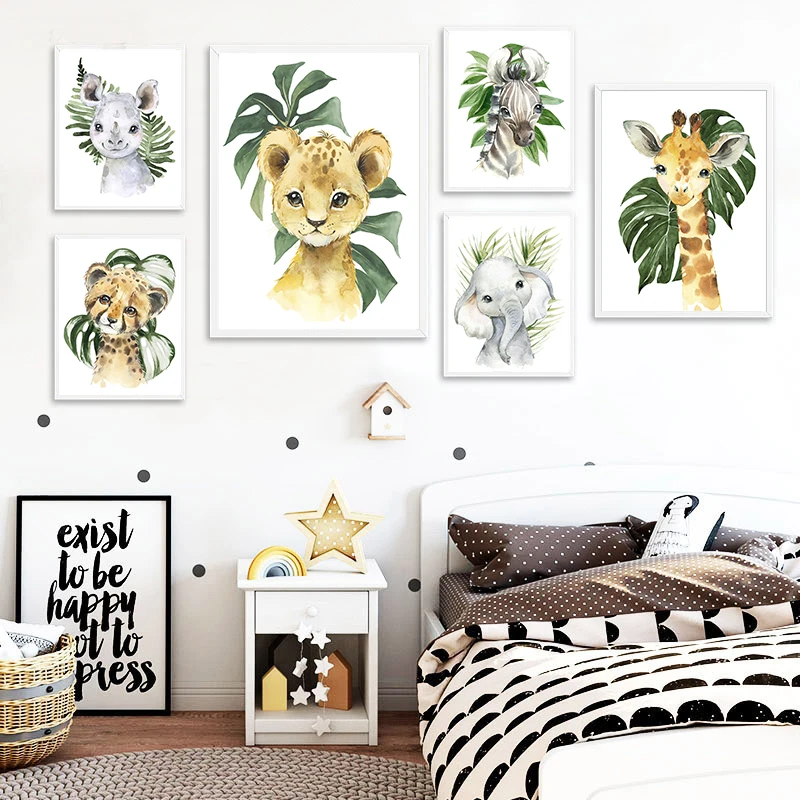 

6Pcs/Set Green Plants Leaves Elephants Giraffes Tigers Zebras Canvas Posters Wall Art Nordic Children's Room Home Decoration