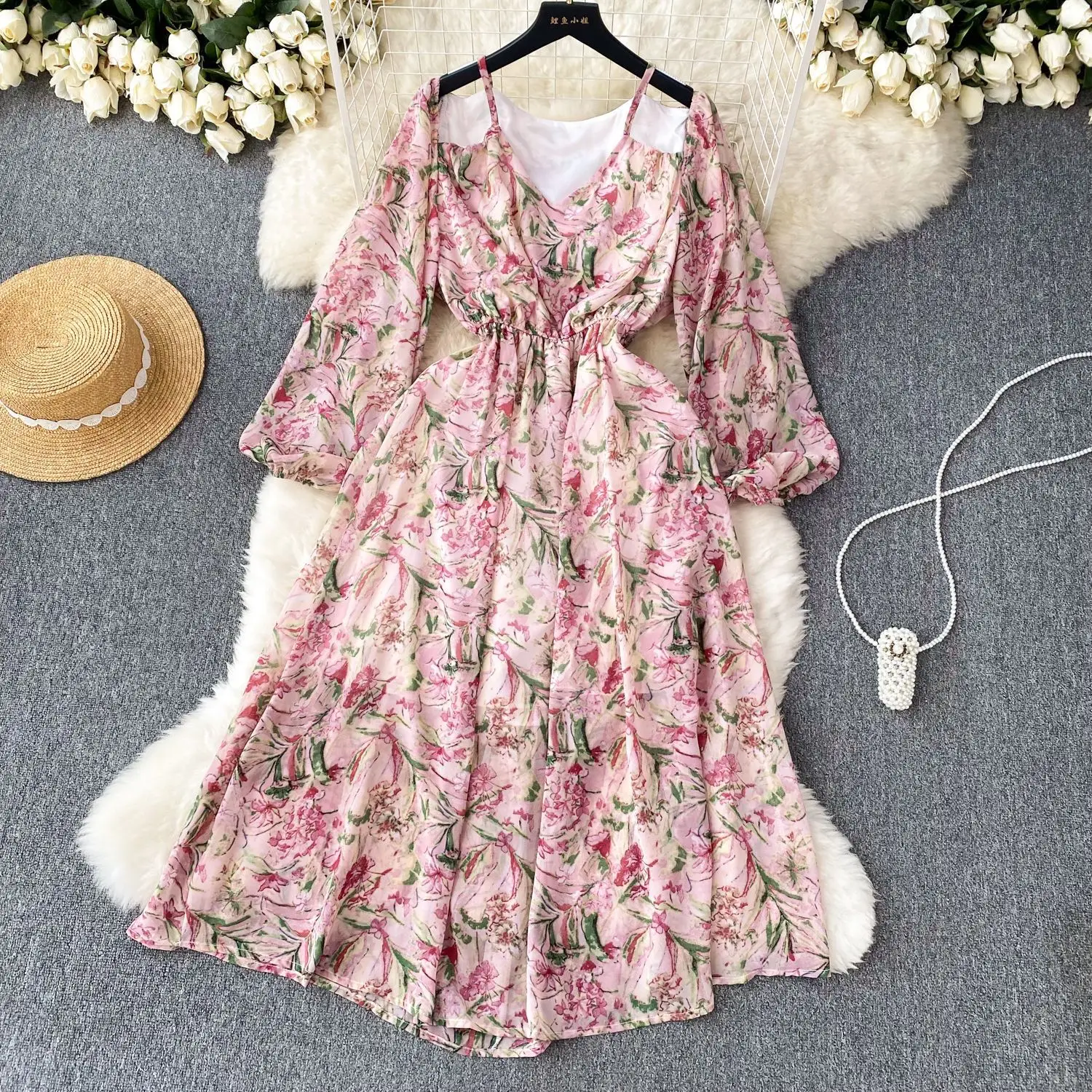 

Women'S Halterneck Long-Sleeved Floral Skirt Female Chiffon Dresses Waist Slimming Loose Draping Off Shoulder One-Piece Dress