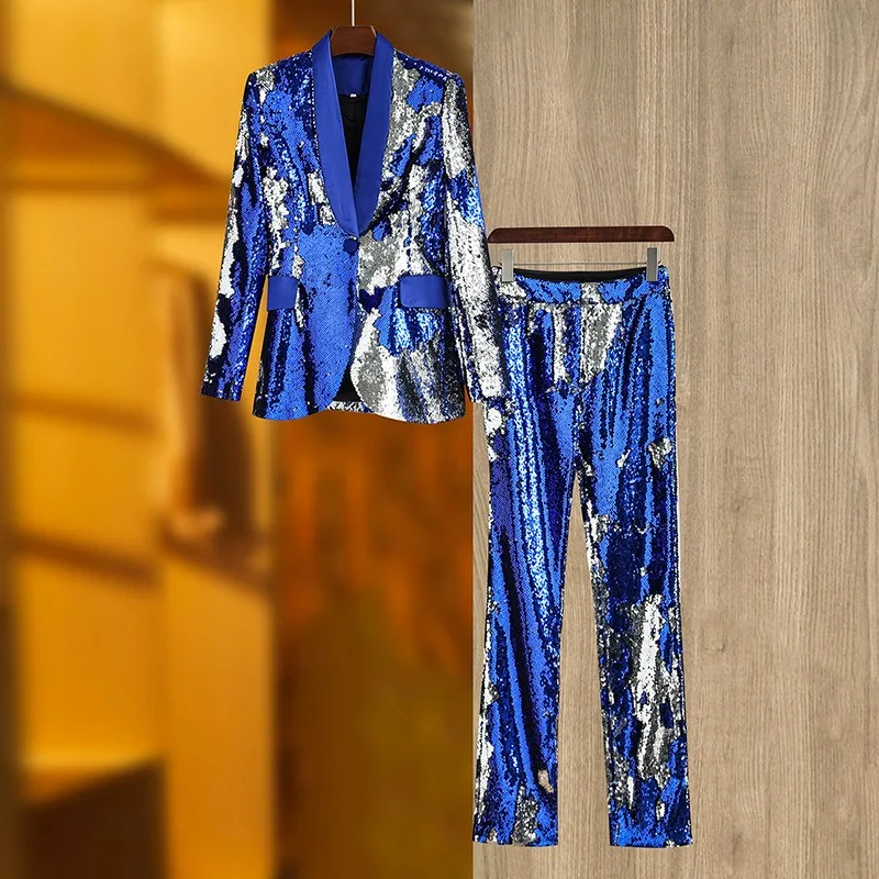 Blue-and-white sequin suit set performance jacket