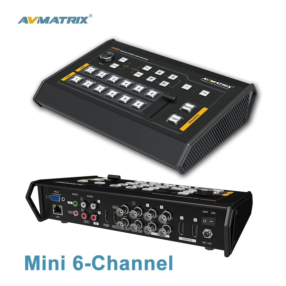 

Avmatrix VS0601 Mini 6 Channel Switcher SDI/HD-MI Multi-format Video with T-Bar Live Streaming Video Switcher for DSLR Camera