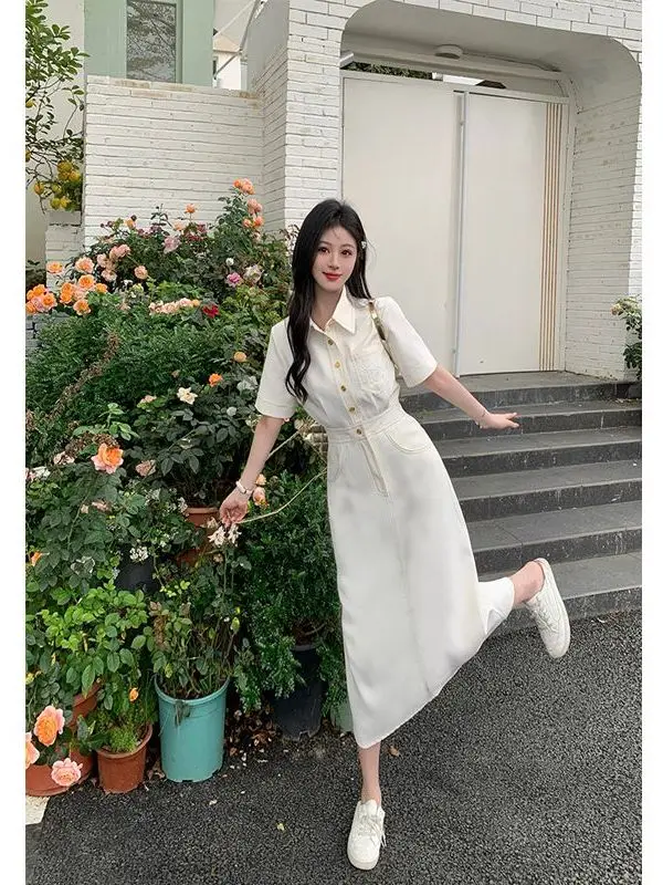 

plus Size Neck Short Sleeve Long Dress Women's Slimming Dress Korean Style A-Line Skirt Breathable Comfortable Summer Dress