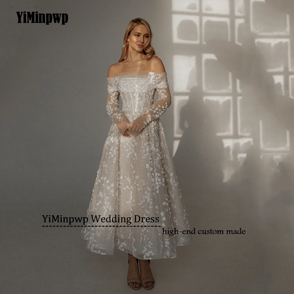 Блестящие свадебные платья трапециевидной формы с длинными рукавами и аппликацией, корсет, платья невесты для женщин, блестящий тюль, миди, платье de noiva по индивидуальному заказуБлестящие свадебные платья A-Line Пол