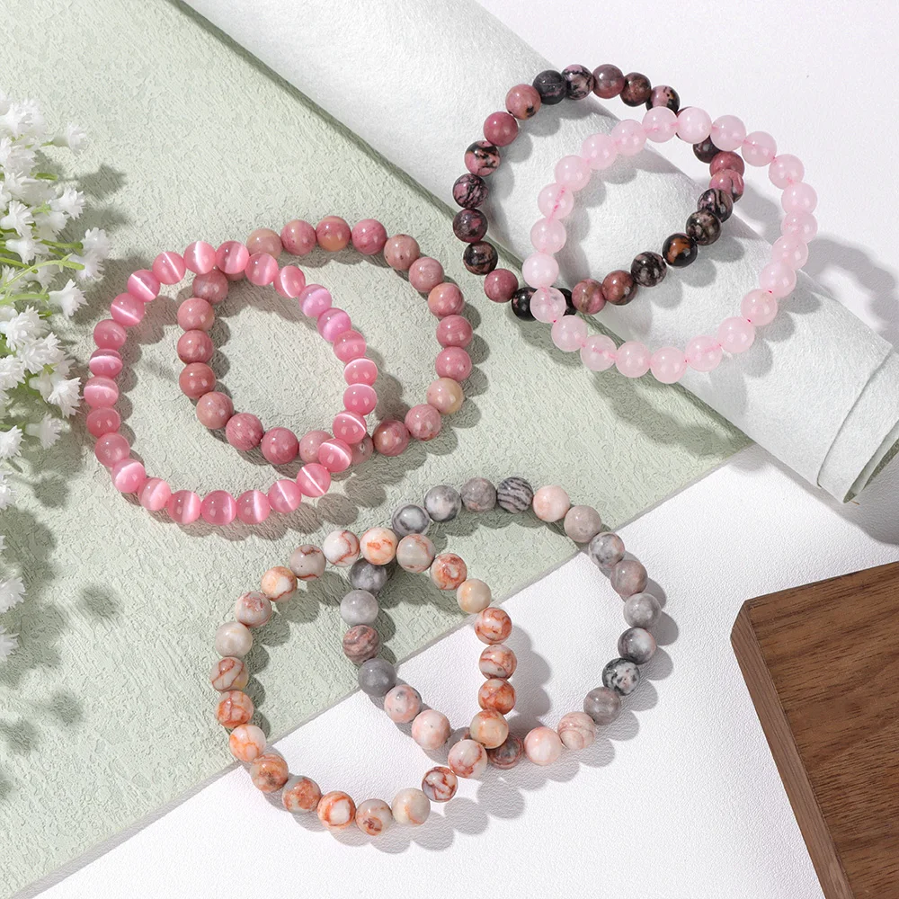 Trendy Pink Cat Eye Stone Bracelets Set For Women Natural Rhodochrosite Bracelet Set Healing 8mm Beaded Bracelet Female Jewelry