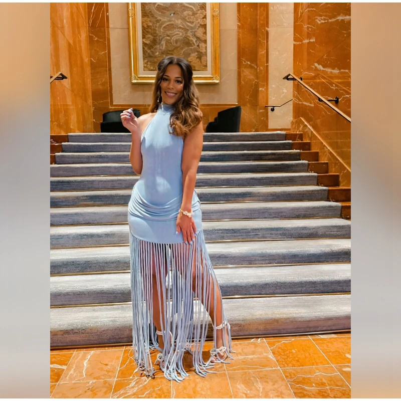 Women Sexy Tassel Patchwork Maxi Dress Elegant V-neck Wide Strap Sleeveless Waist-cinching Slim Fit Dresses Chic New Party Gowns
