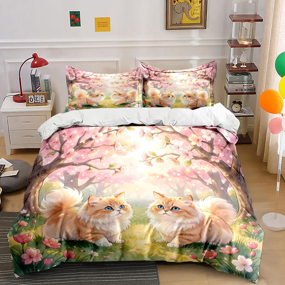 Cats beneath blooming cherry trees Printed Duvet Cover Set 1 Duvet Cover+2 Pillowcase Multi Size Bedroom Bedding Decor