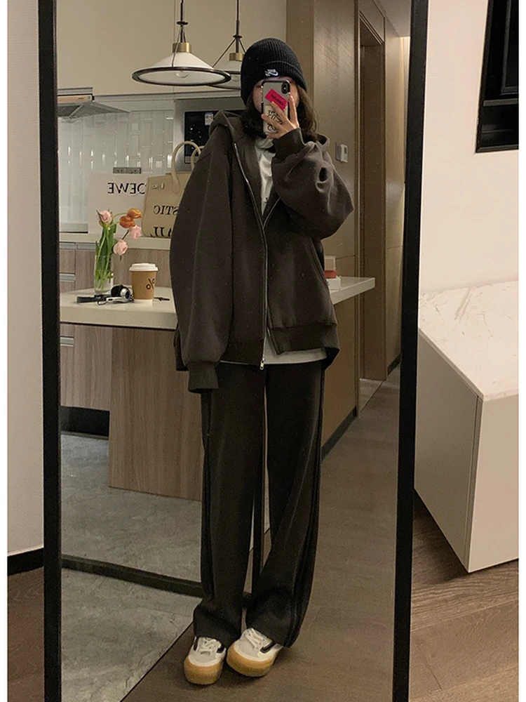 American Retro Long Sve Hoodie Jaet Women's Autumn Winter New Loose Open Cardigan Top Cotton Polyester Blend Zipper Closure