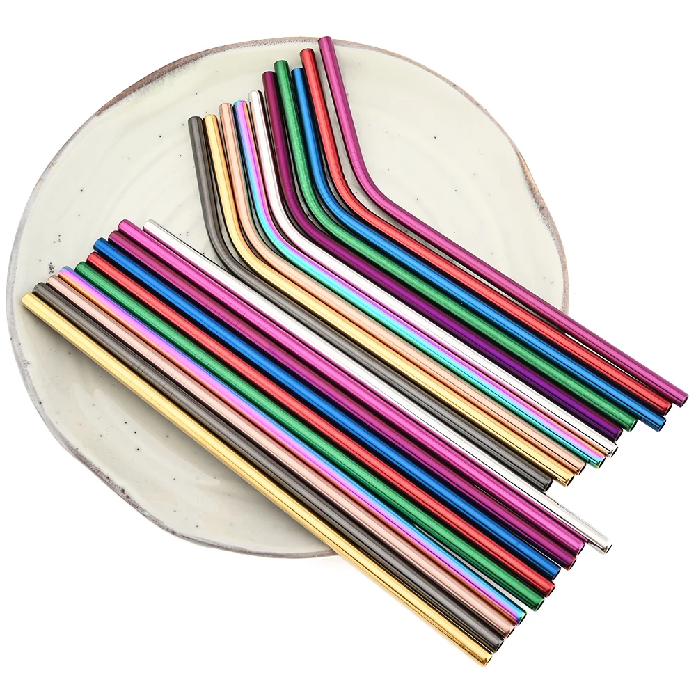 6 Pcs Reusable Drinking Straw Metal Straws Cleaner 304 Stainless Steel Straws Set Straight Bent Eco-friendly Drinkware Straw