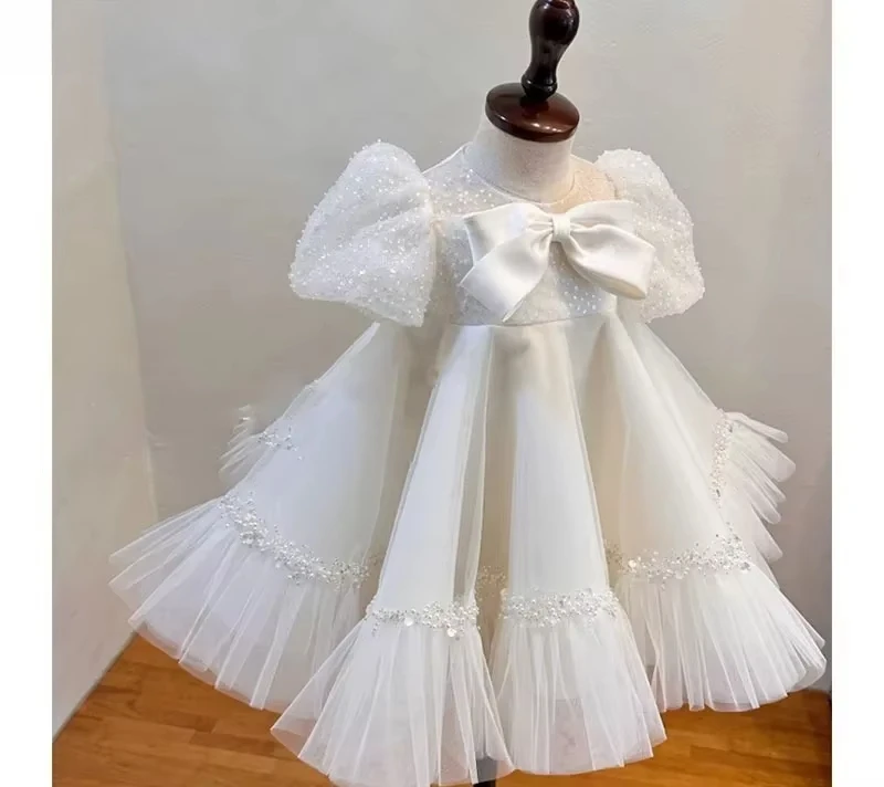 2025 vestido tutú blanco brillante de gama alta, traje de fiesta de boda para niña con flores de cumpleaños, vestido de princesa de estilo coreano para niñas