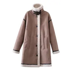 Winter Thick Warm Long Suede Jacket Parka Trench Faux Shearling Sheepskin Leather Lamb Fur Coat Vintage Female Overcoat Outwear