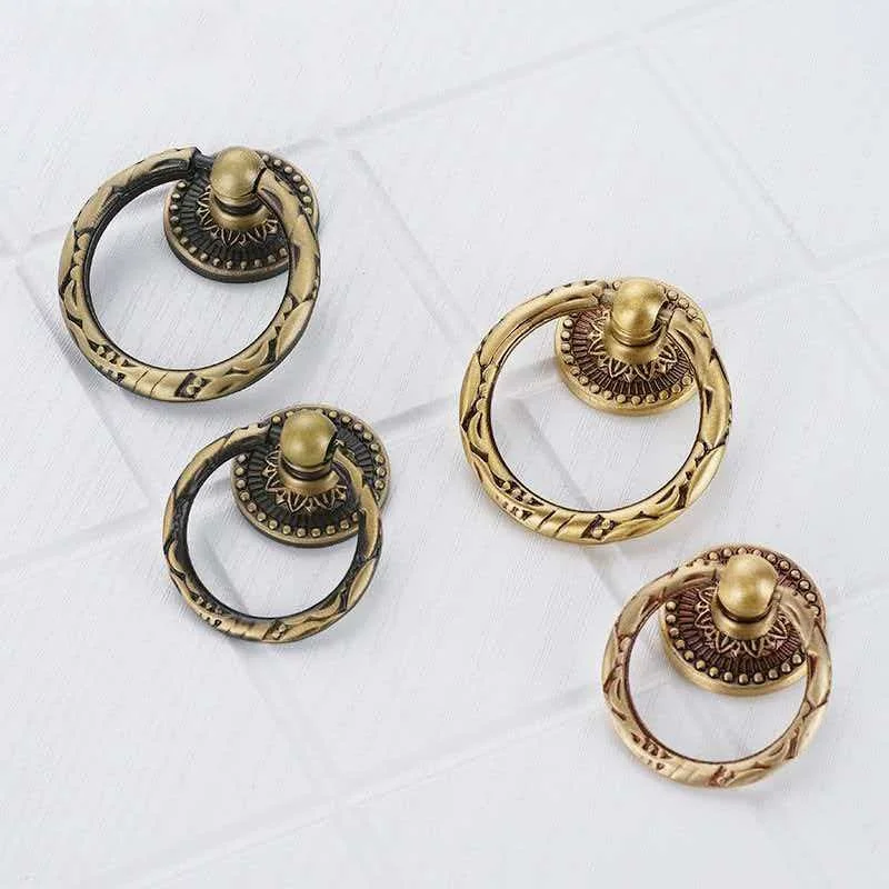 Bronze Brass Furniture Handles Vintage Carving Rings Cabinet Handles Door Drawer Knobs Kitchen Wardrobe Cupboard Closet Pulls