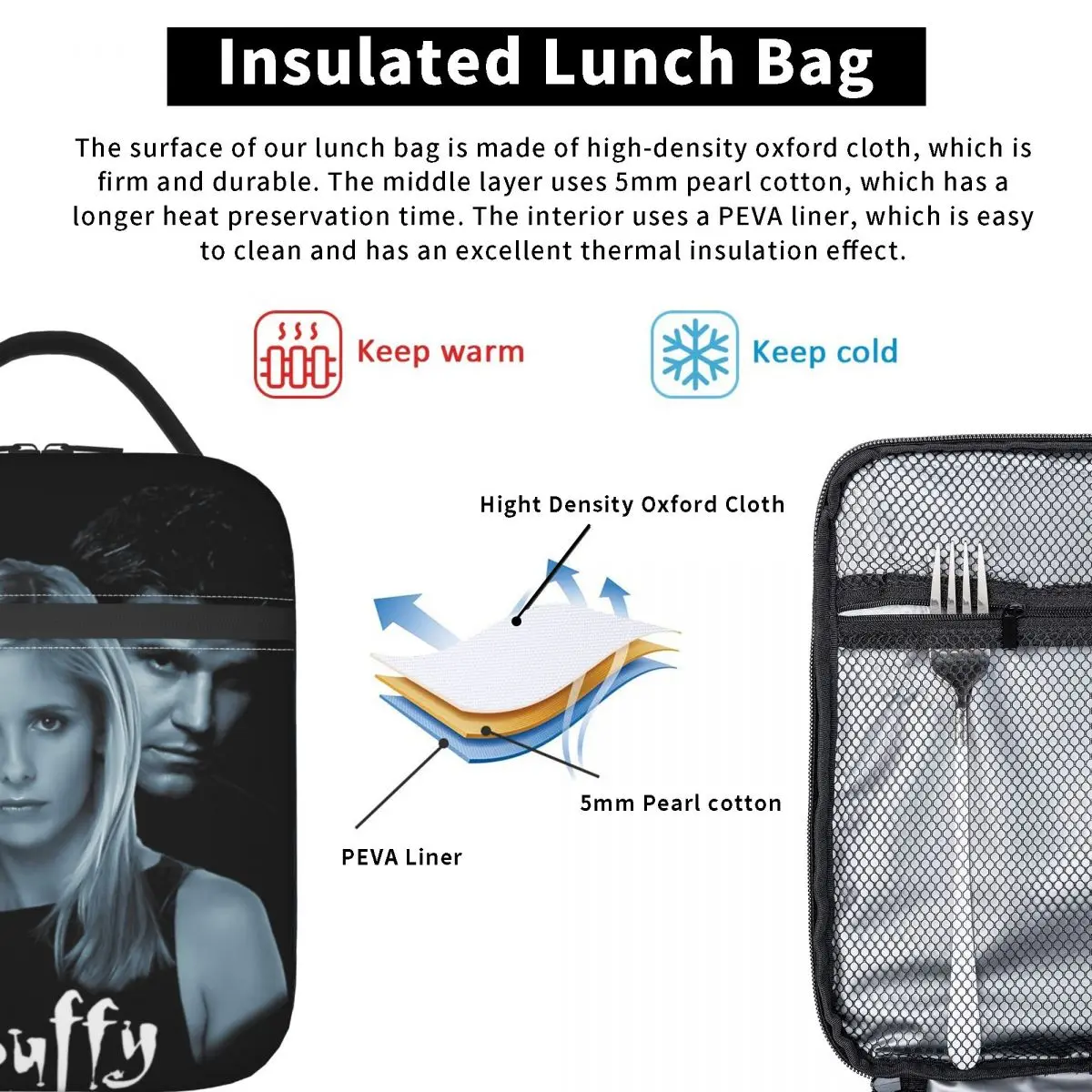 Buffys The Vampires Slayers 스파이크 점심 가방 남여 도시락 상자 패션 여행 쿨러 가방 휴대용 방수 토트 식품 가방