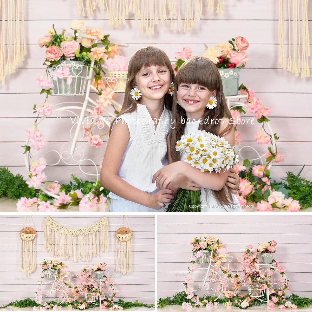 Spring Bicycle Flower Backdrop Girl Kids Cake Smash Photography Wedding Decor Background White Wooden Wall Baby Photostudio