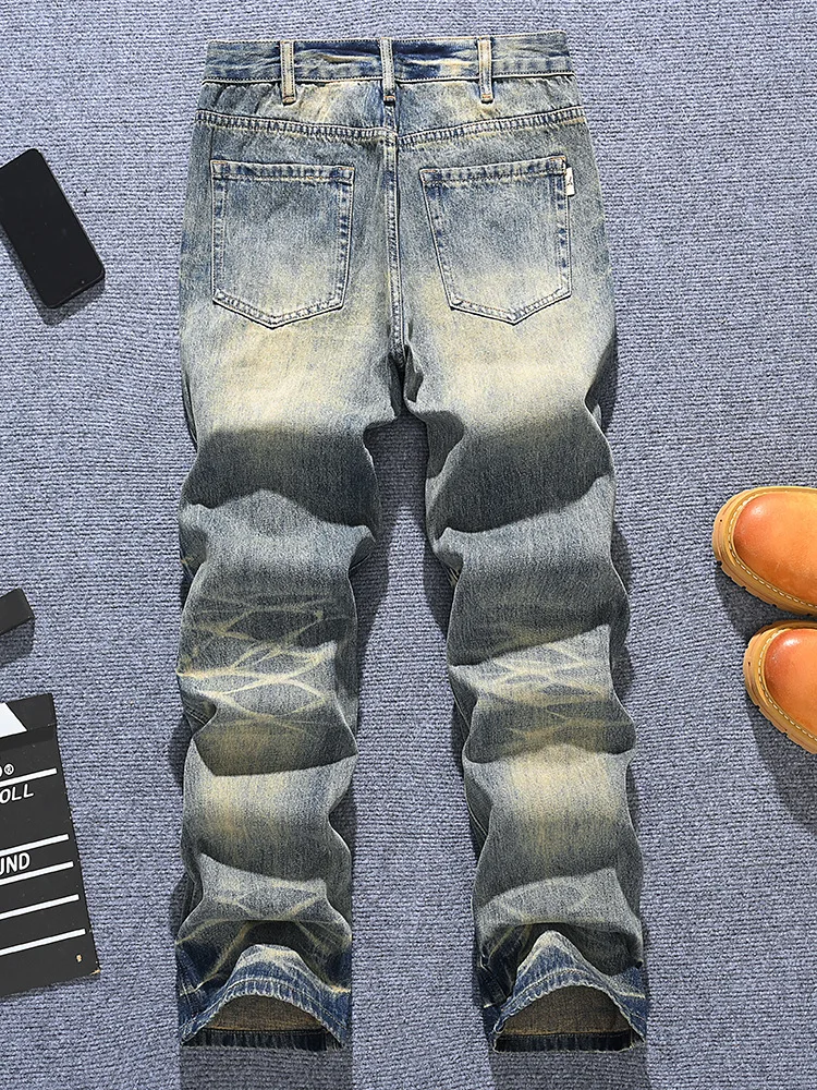 

Old jeans for men, loose straight leg washed retro denim, high-end heavyweight fashion, urban handsome pants