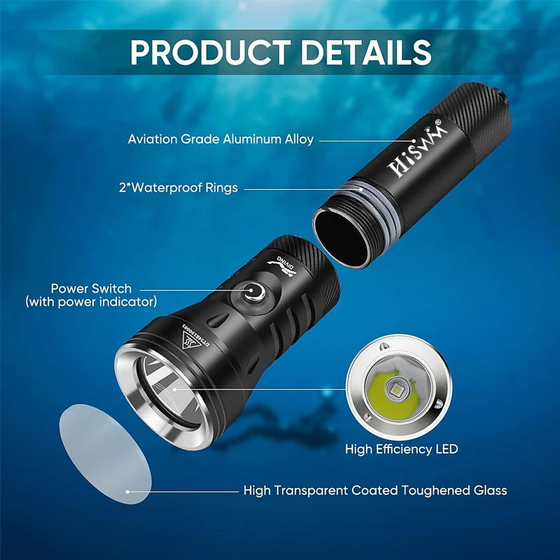 HISWN D260 Torcia subacquea professionale Super Bright 2000LM IPX8 Subacquea impermeabile 100M Adatta per immersioni subacquee