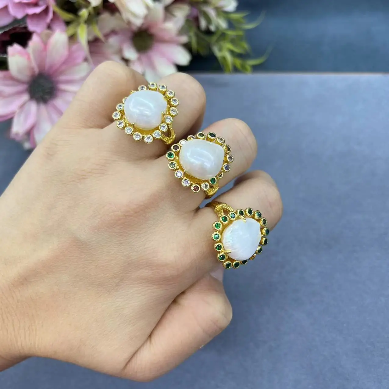 DIY accessories Natural Baroque Pearl Ring Handmade Zirconium Jewelry French Niche Ring European and American Cross-border Facto