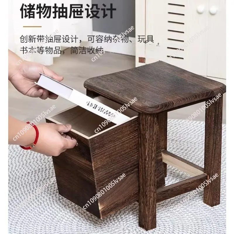 Dark Brown Wooden Shoe Changing Stool with Storage - Armless, Non-Padded, Classic