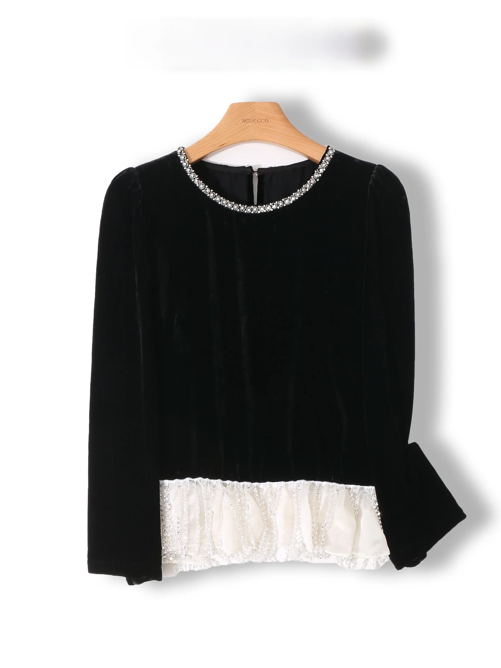 

P Brand Velvet T-Shirt Women's round Neck Embellished Heavy Duty Color Block Trim Long Sleeve Casual Elegant Office Wear