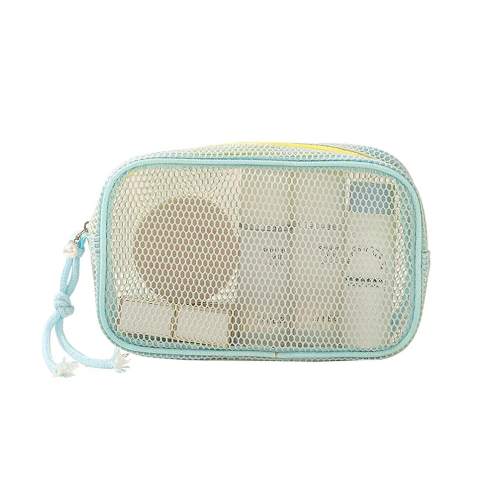 Large Capacity Mesh Cosmetic Bag Transparent Breathable Mesh Portable Toiletry Pouch Smooth Zipper Hand-Held Coin Purse