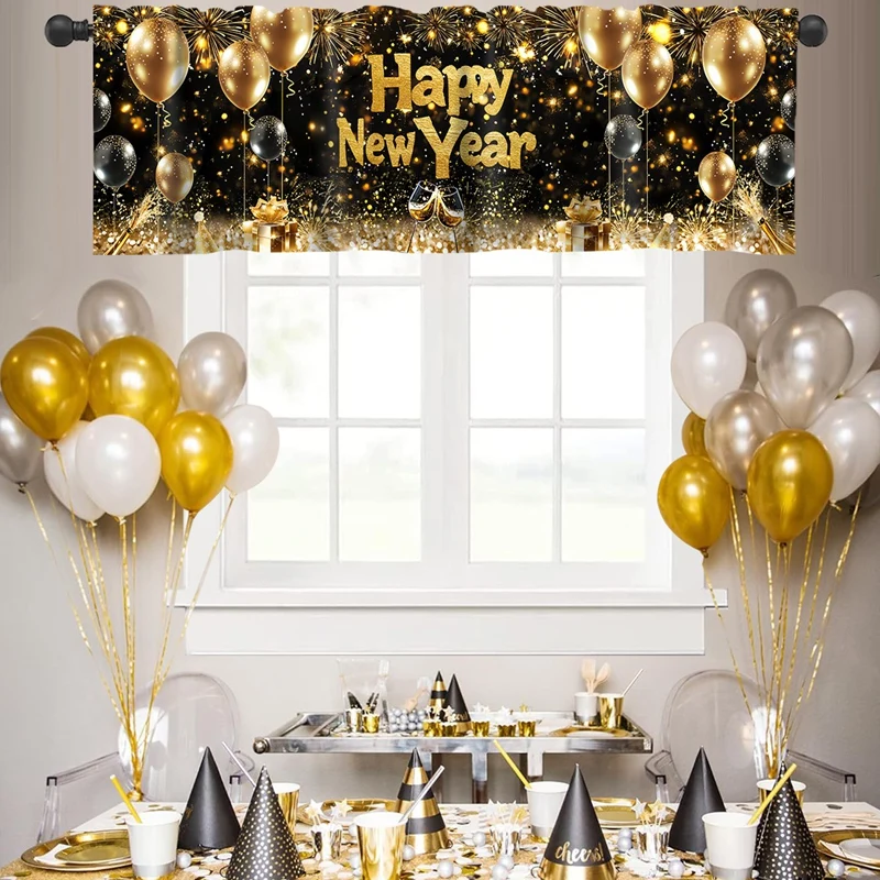 2026 سنة جديدة سعيدة ستائر قصيرة الستائر الألعاب النارية والبالونات علاجات النوافذ زينة السنة الجديدة للحمام المطبخ المنزلي #2