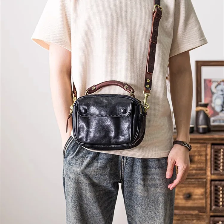 Fashion high quality genuine leather men\'s small crossbody bag casual leisure designer luxury real cowhide black shoulder bag