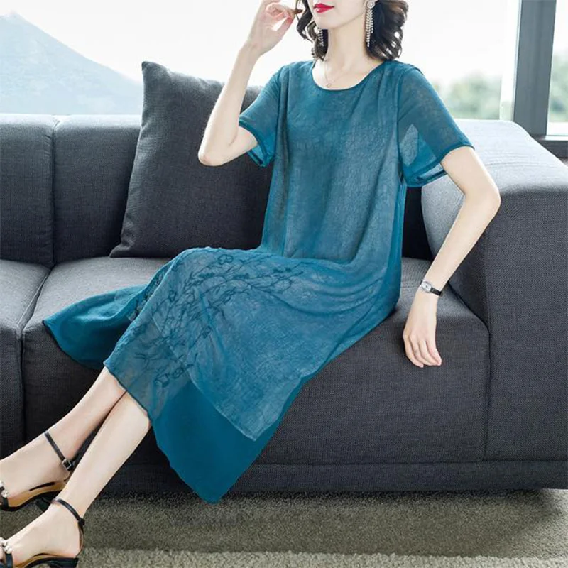 2023 New Chinoiserie Embroidered Dress Round Neck Sheer Solid Color Short Sleeve Pullover Chiffon Vintage Mid Length Dresses