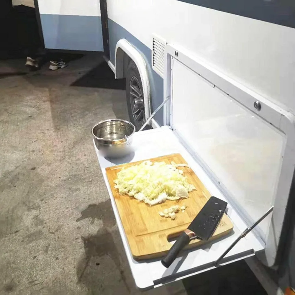 طاولة قابلة للطي مثبتة على الحائط باللون الأبيض، مكتب قافلة RV قابل للطي للأسفل، رف مكتب عائم لمقطورة فان التخييم، خارجي RV