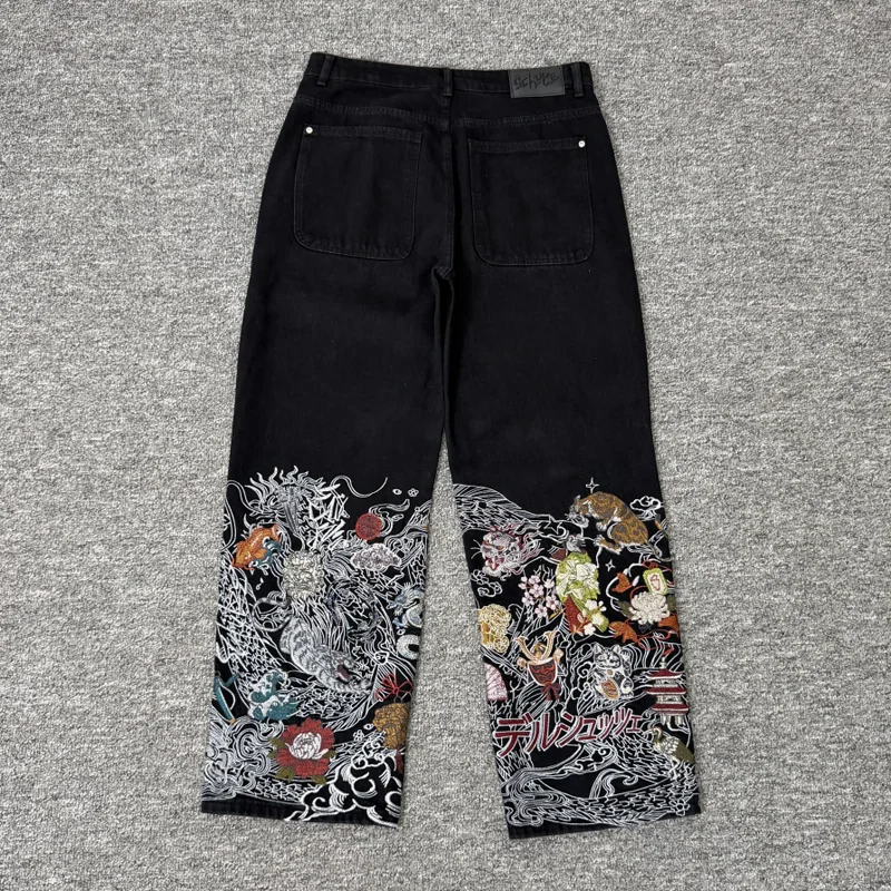 Japanese Dragon Tiger Embroidery Baggy DERSCHUTZE Jeans Vintage Black Streetwear Denim Derschutze Pants
