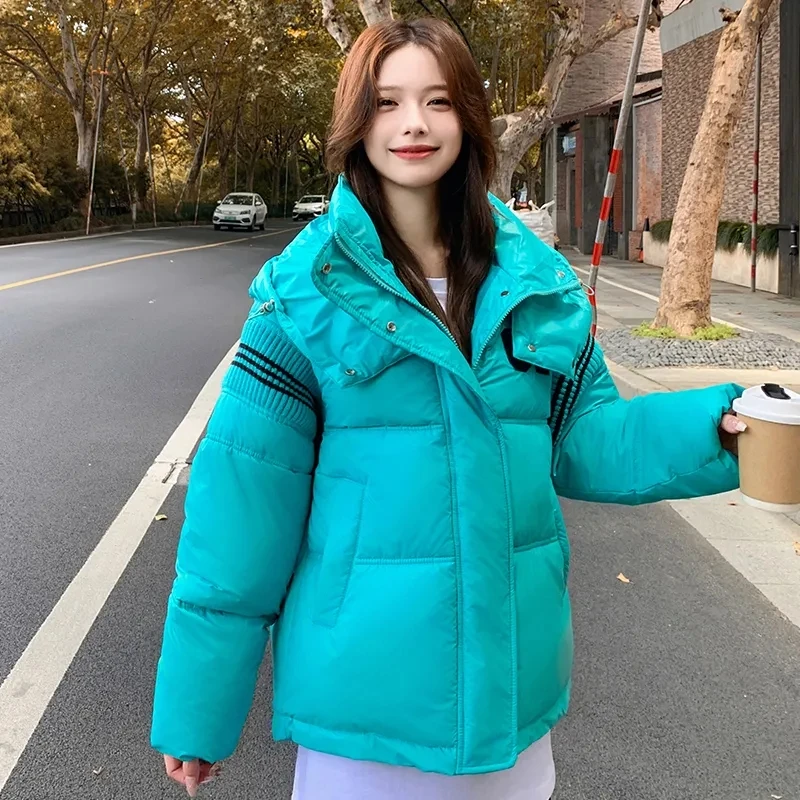 2023 Winter Knitting Splicing Down Cotton Coat Hooded Parkas Women Fashion Short Loose Versatile Korean Thick Warm Coat Female