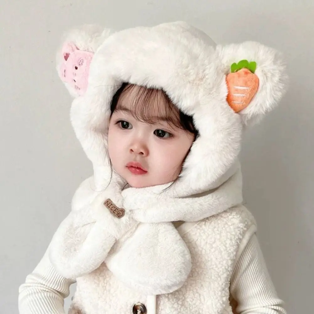 Cartoon Bear Ear Winter Baby Hat Scarf Windproof Plush Kids Hooded Scarf Neck Protection Thick Warm One-Piece Beanies Cap