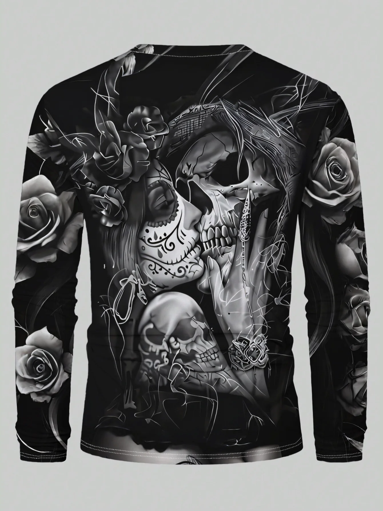 Men Halloween 3D Print Long Sleeve Sweatshirt Sugar‑Skull Couple Rose Pattern Crew Neck Pullover Casual Party Streetwear Tops