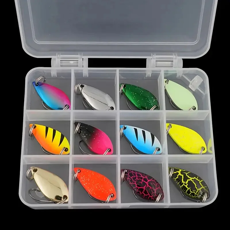 12pcs Box Kit Metal Spoon Fishing Lure Wobbler Casting Jigging Tackle Accessories Pesca Chub,Single Hook Spinner Bait Trout bass