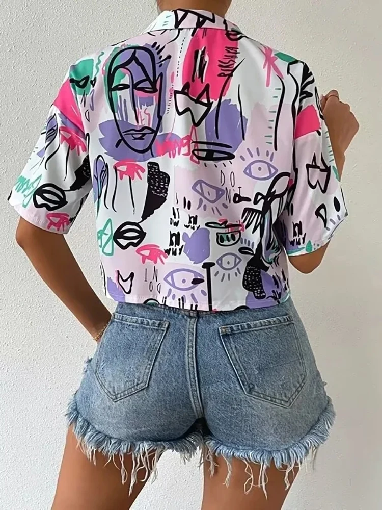 Evfer Summer Fashion Ladies Streetwear Short Shirts Girls Stylish Pating Print Blouse Womens Casual Single Breasted Loose Tops